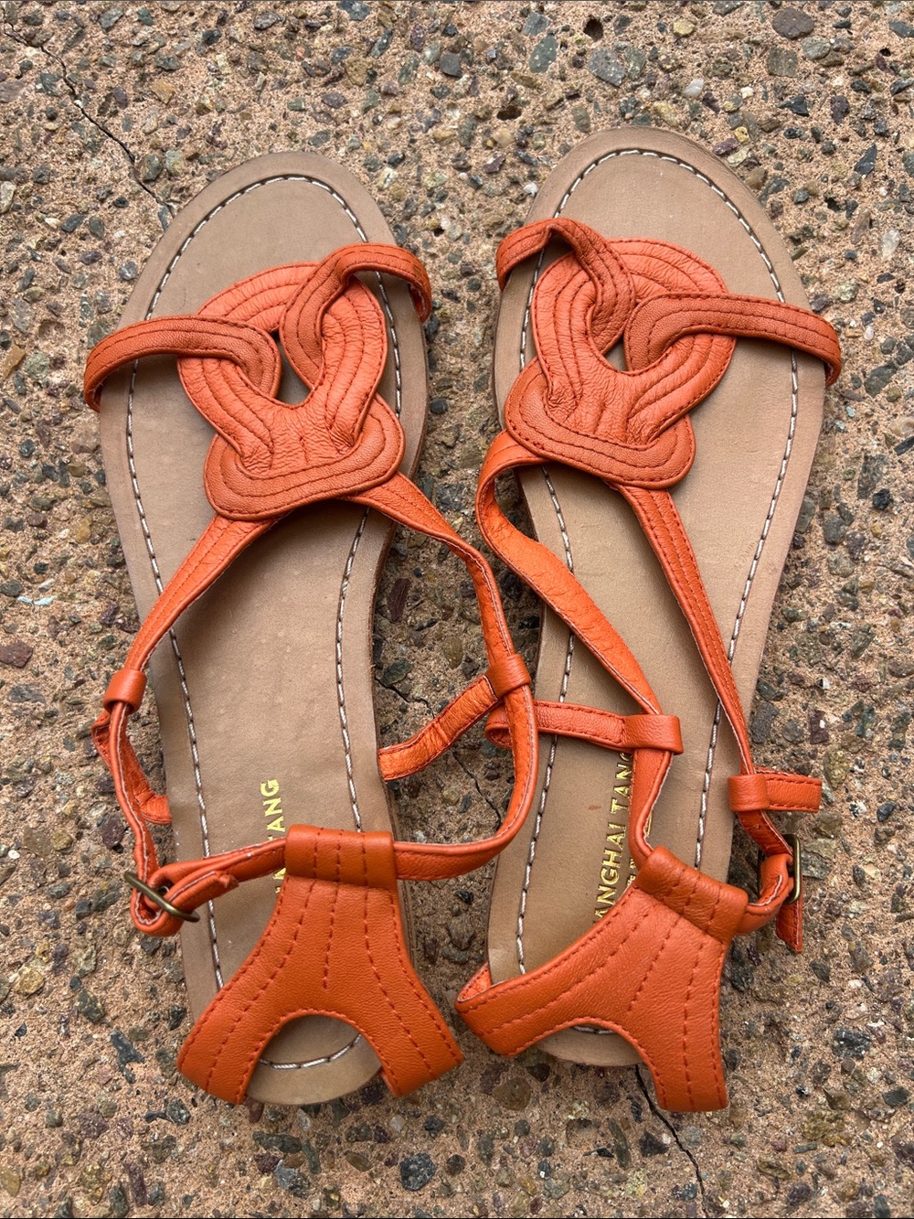 Shanghai Tang Orange Leather T-Strap Sandals